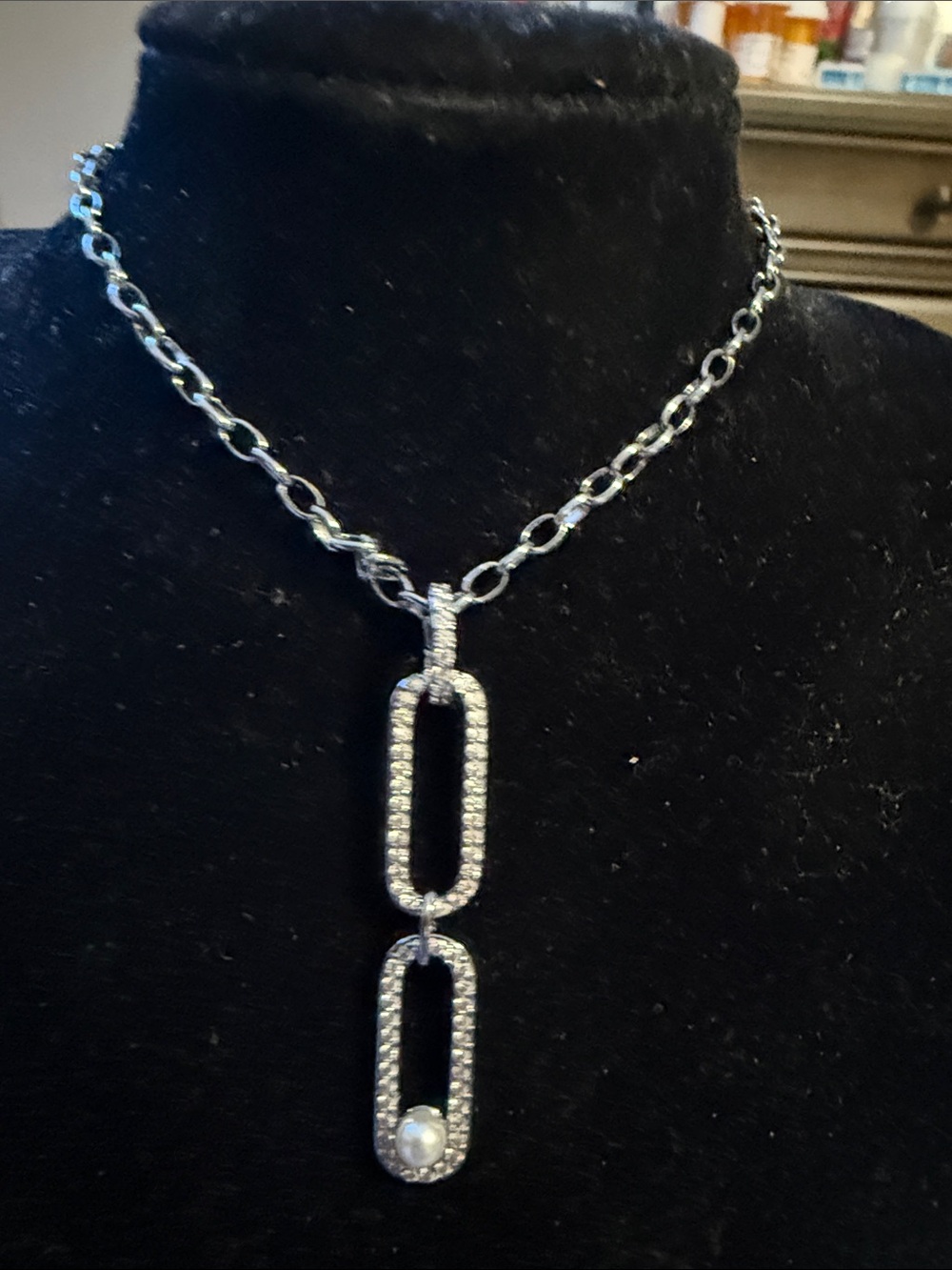 BP hematite plated Crystal Link Drop Necklace with pearl